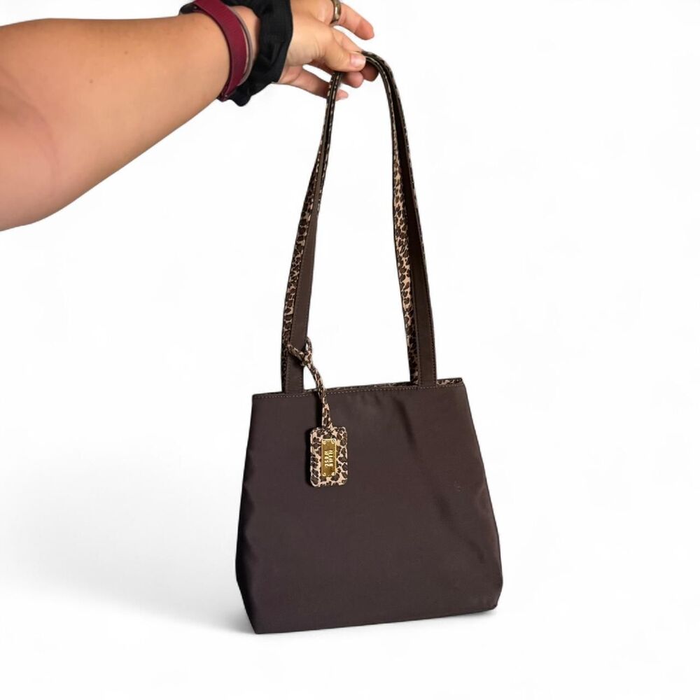 Nine West brown nylon tote bag with leopard print accents